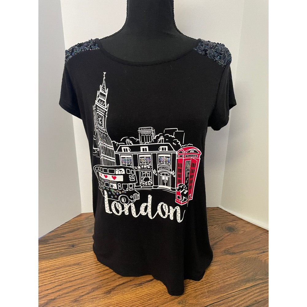 Justice Juniors Size 14 Black London Graphic Tee‎ Sparkly Embellished Shoulder